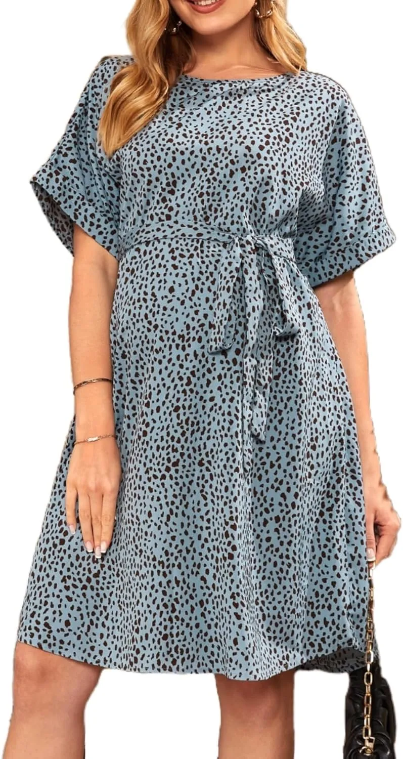 MakeMeChic Women's Maternity Dress Leopard Print Short Sleeve Belted Summer Pregnancy Dresses