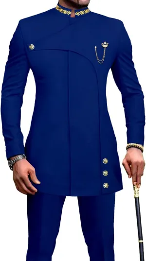 Men's 2 Pieces Suit Elegant Single Breated Slim Fit Embroidery Blazer Pants Set African Clothes Wedding