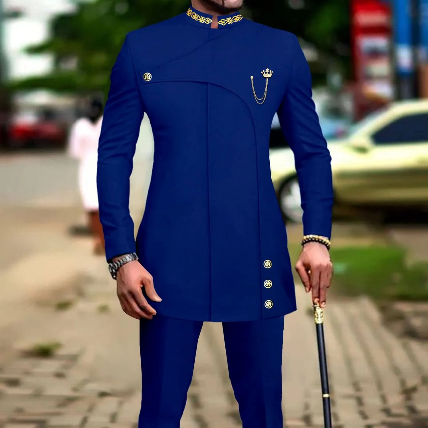Men's 2 Pieces Suit Elegant Single Breated Slim Fit Embroidery Blazer Pants Set African Clothes Wedding
