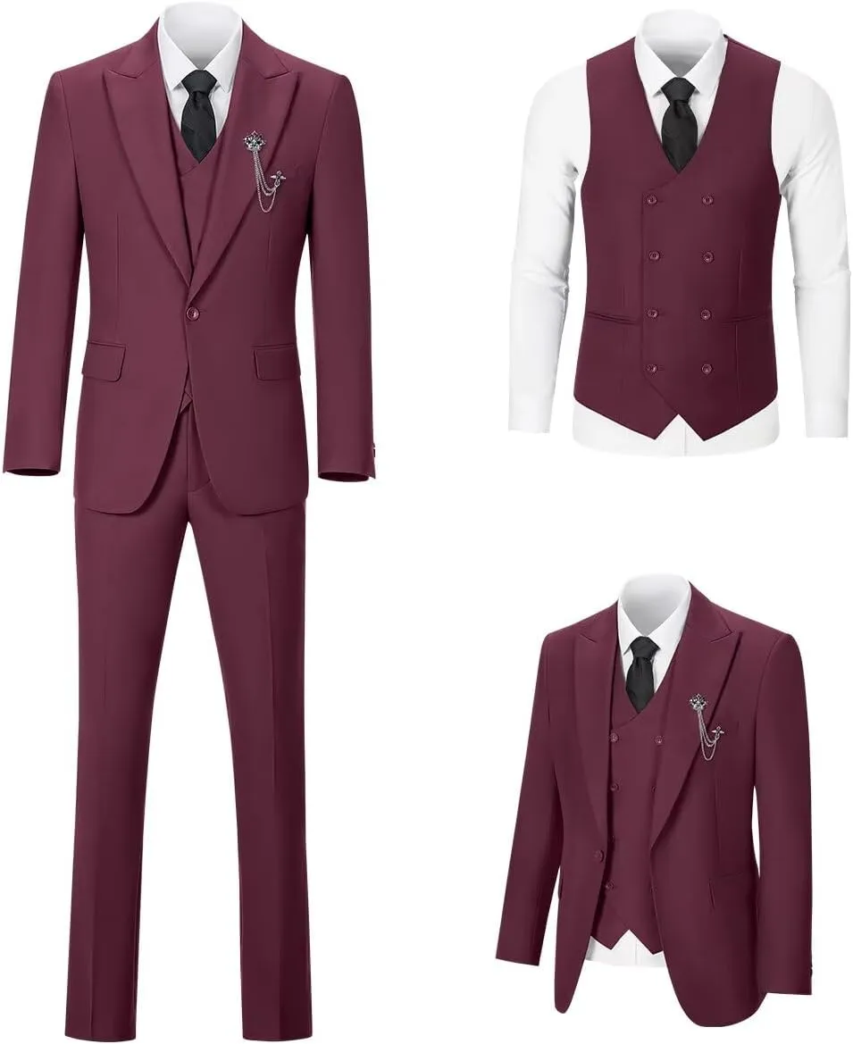 Men's 3 Piece Suit Slim Fit Classic One Button Suit for Men Groomsmen Business Prom Double Breasted Vest Blazer Tuxedo