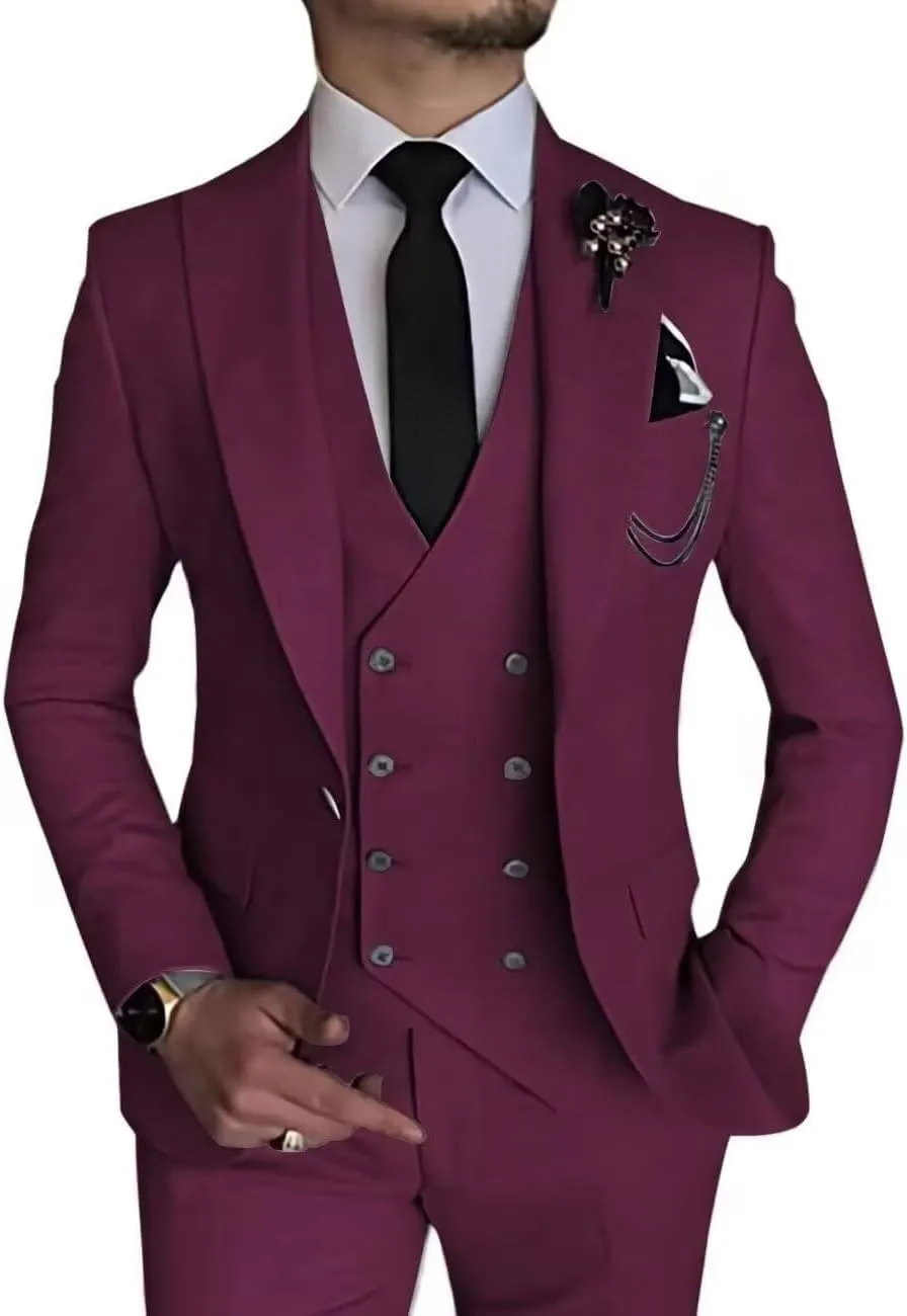 Men's 3 Piece Suit Slim Fit Classic One Button Suit for Men Groomsmen Business Prom Double Breasted Vest Blazer Tuxedo