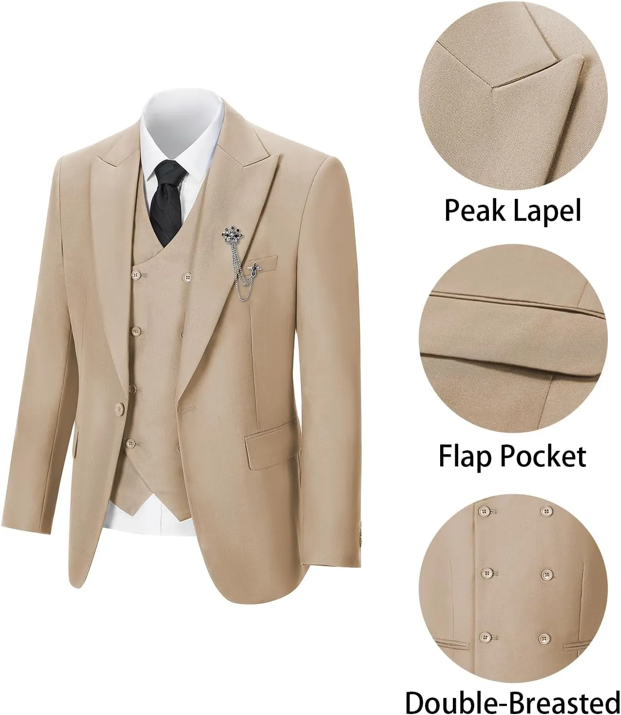 Men's 3 Piece Suit Slim Fit Classic One Button Suit for Men Groomsmen Business Prom Double Breasted Vest Blazer Tuxedo