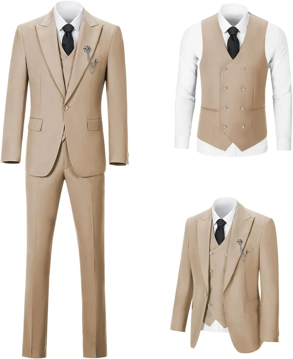 Men's 3 Piece Suit Slim Fit Classic One Button Suit for Men Groomsmen Business Prom Double Breasted Vest Blazer Tuxedo