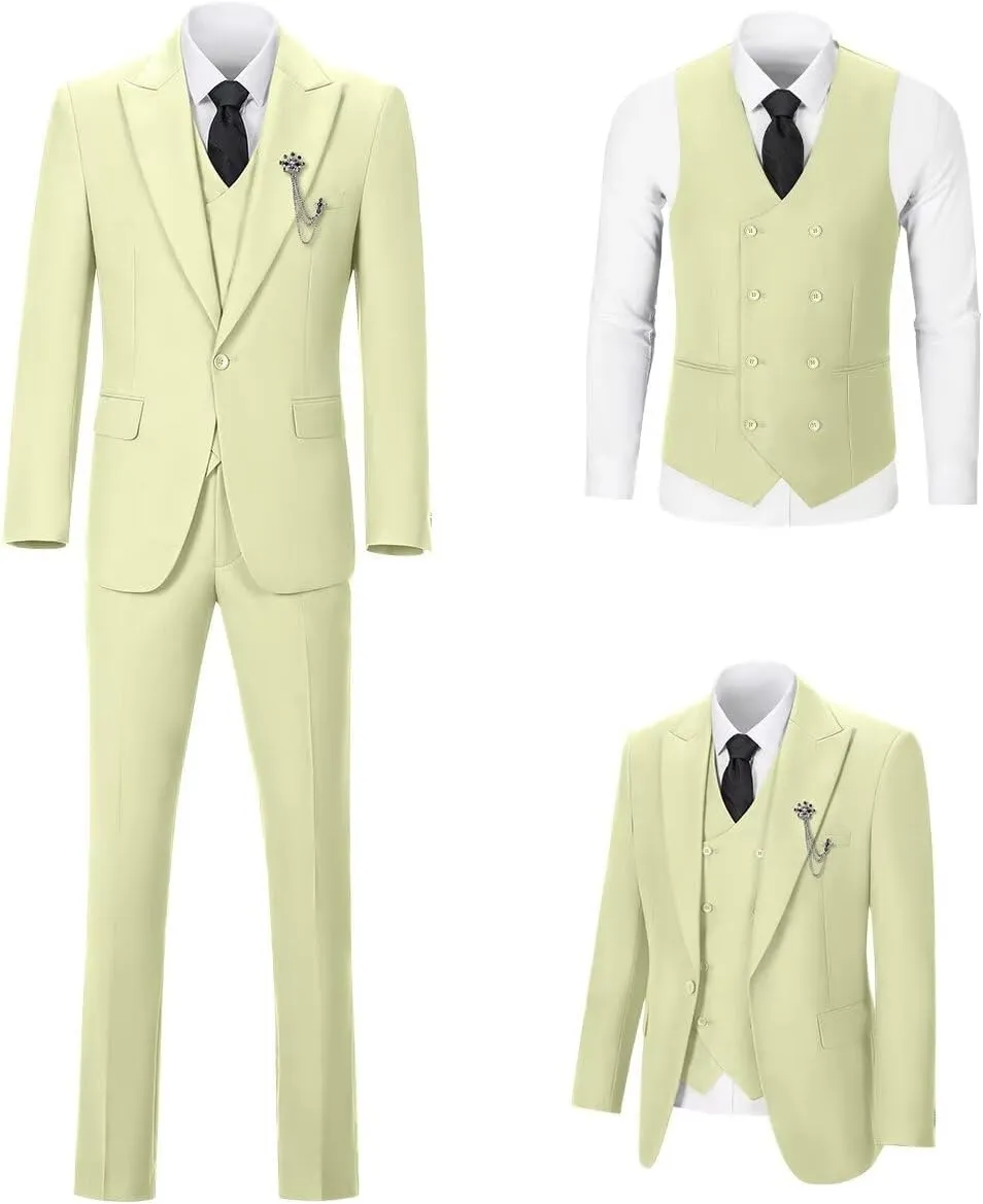 Men's 3 Piece Suit Slim Fit Classic One Button Suit for Men Groomsmen Business Prom Double Breasted Vest Blazer Tuxedo