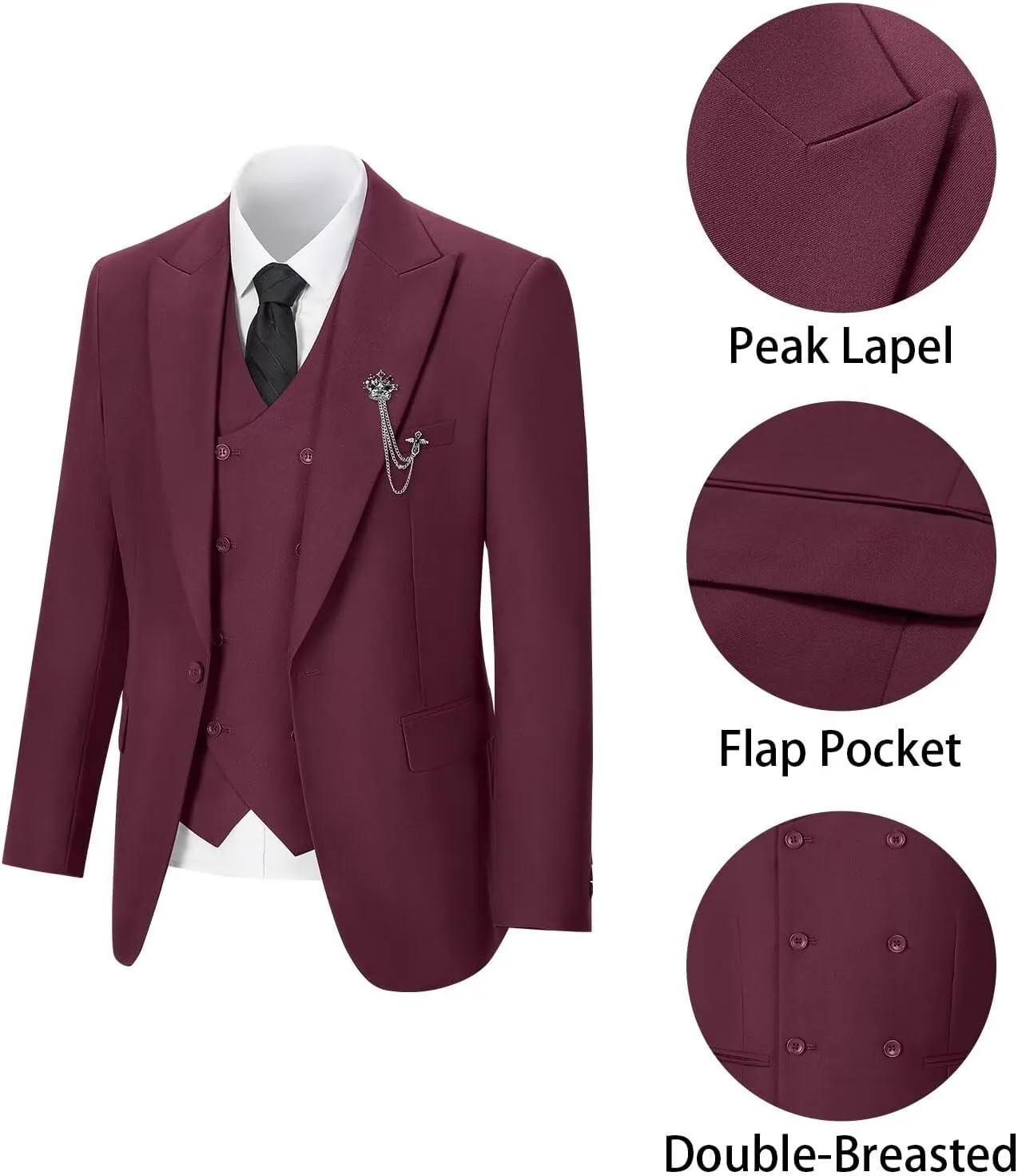 Men's 3 Piece Suit Slim Fit Classic One Button Suit for Men Groomsmen Business Prom Double Breasted Vest Blazer Tuxedo