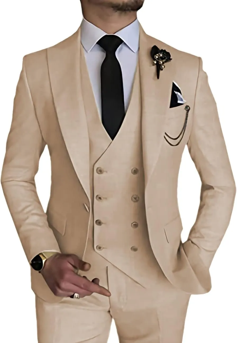 Men's 3 Piece Suit Slim Fit Classic One Button Suit for Men Groomsmen Business Prom Double Breasted Vest Blazer Tuxedo