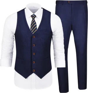 Men's Casual Linen Suit Set 2 Piece Slim Fit Wedding Suits Prom Groomsmen Suit Tuxedos Beach Suits Vest Pants