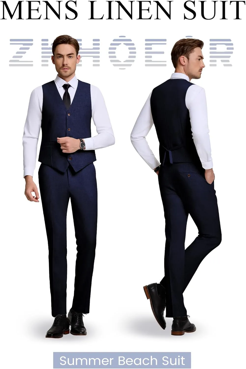 Men's Casual Linen Suit Set 2 Piece Slim Fit Wedding Suits Prom Groomsmen Suit Tuxedos Beach Suits Vest Pants