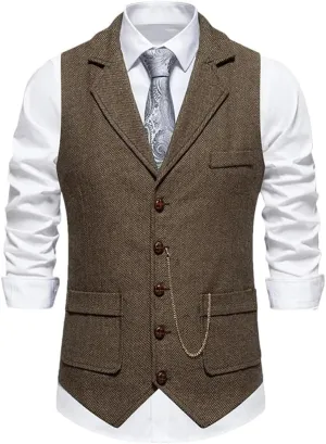 Men's Herringbone Tweed Suit Vest Lapel Chain Pockets Suit Vest Business Casual Formal Dress Waistcoat
