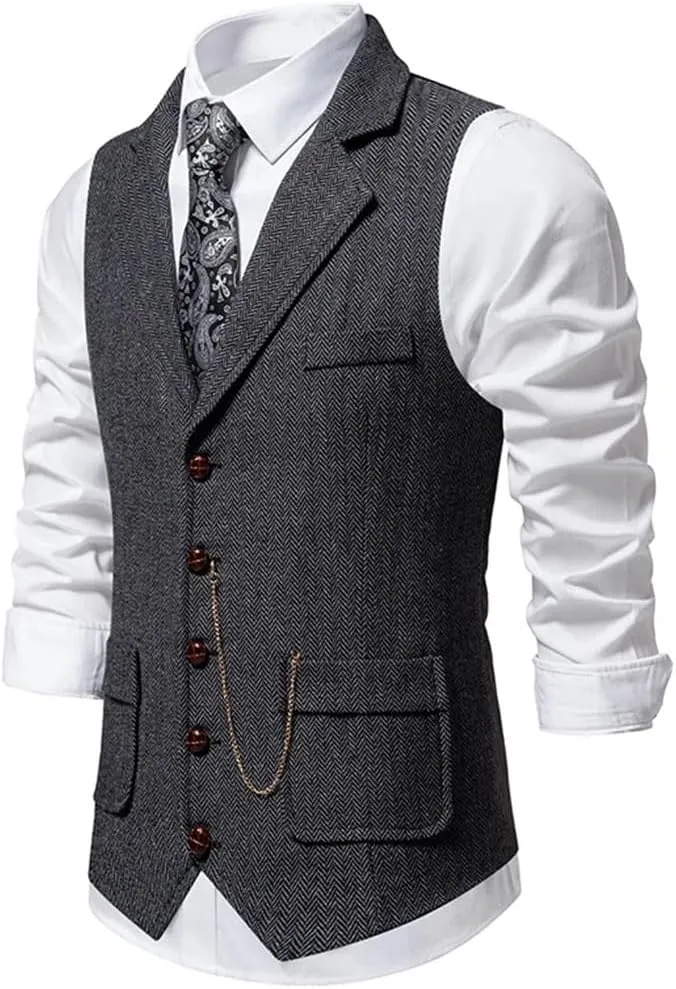 Men's Herringbone Tweed Suit Vest Lapel Chain Pockets Suit Vest Business Casual Formal Dress Waistcoat