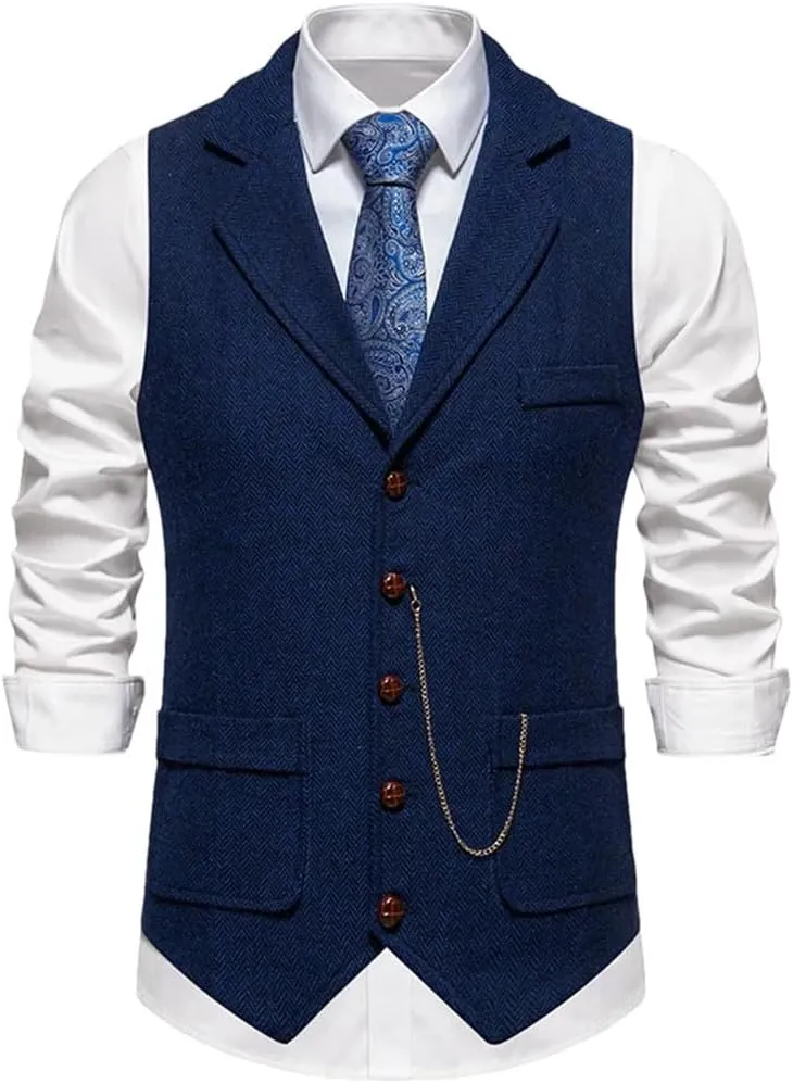 Men's Herringbone Tweed Suit Vest Lapel Chain Pockets Suit Vest Business Casual Formal Dress Waistcoat