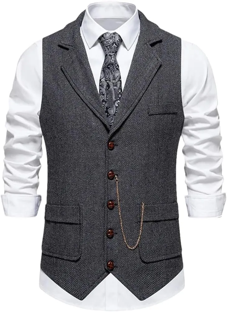 Men's Herringbone Tweed Suit Vest Lapel Chain Pockets Suit Vest Business Casual Formal Dress Waistcoat