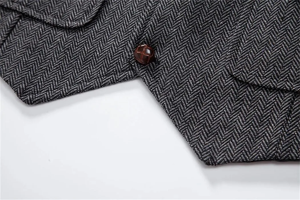 Men's Herringbone Tweed Suit Vest Lapel Chain Pockets Suit Vest Business Casual Formal Dress Waistcoat