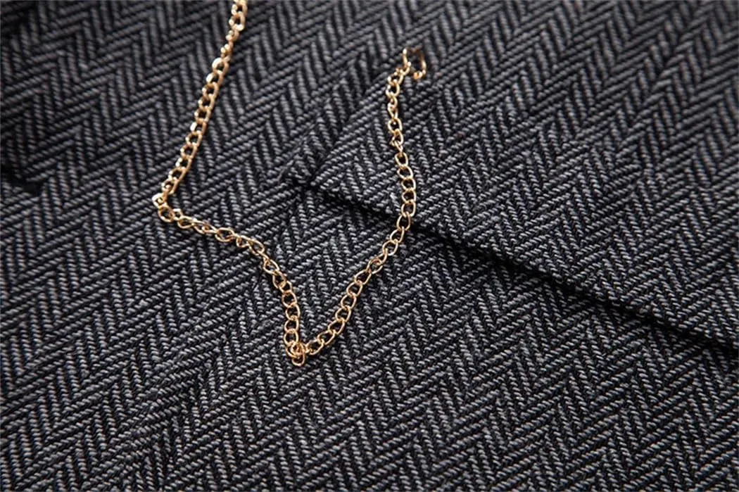 Men's Herringbone Tweed Suit Vest Lapel Chain Pockets Suit Vest Business Casual Formal Dress Waistcoat