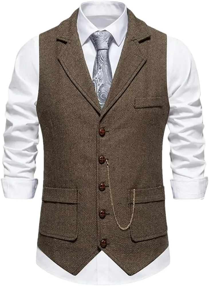 Men's Herringbone Tweed Suit Vest Lapel Chain Pockets Suit Vest Business Casual Formal Dress Waistcoat