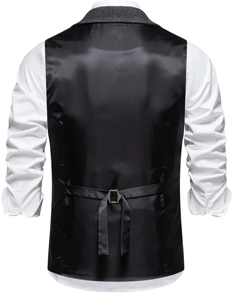Men's Herringbone Tweed Suit Vest Lapel Chain Pockets Suit Vest Business Casual Formal Dress Waistcoat