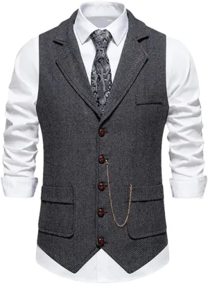 Men's Herringbone Tweed Suit Vest Lapel Chain Pockets Suit Vest Business Casual Formal Dress Waistcoat