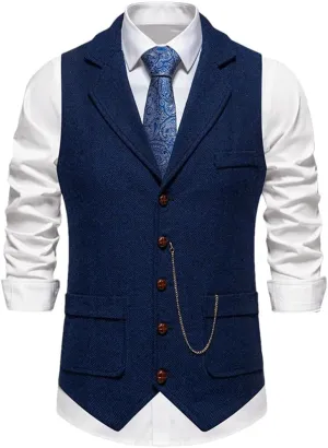 Men's Herringbone Tweed Suit Vest Lapel Chain Pockets Suit Vest Business Casual Formal Dress Waistcoat