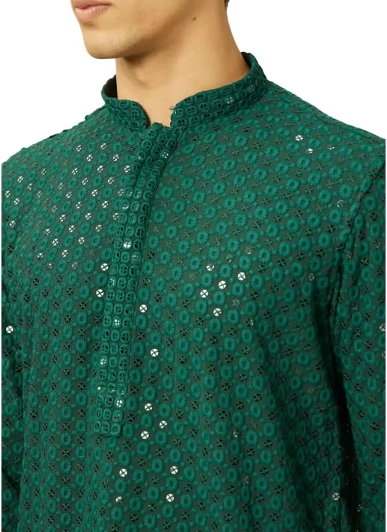 Mens Kurta Embroidered cotton Kurta Pajama Set, Large, Indian Style