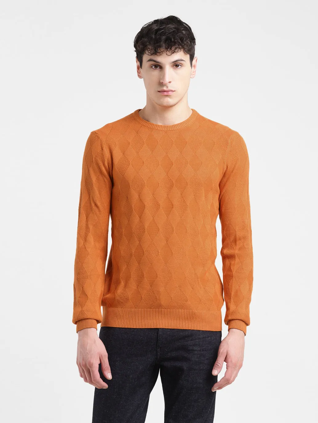 Men's Self Design Orange Crew Neck Sweater