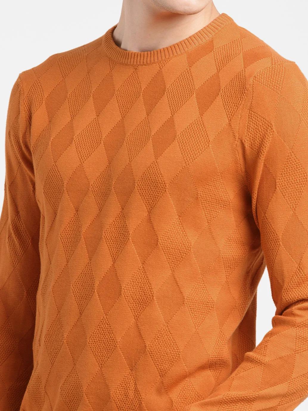 Men's Self Design Orange Crew Neck Sweater