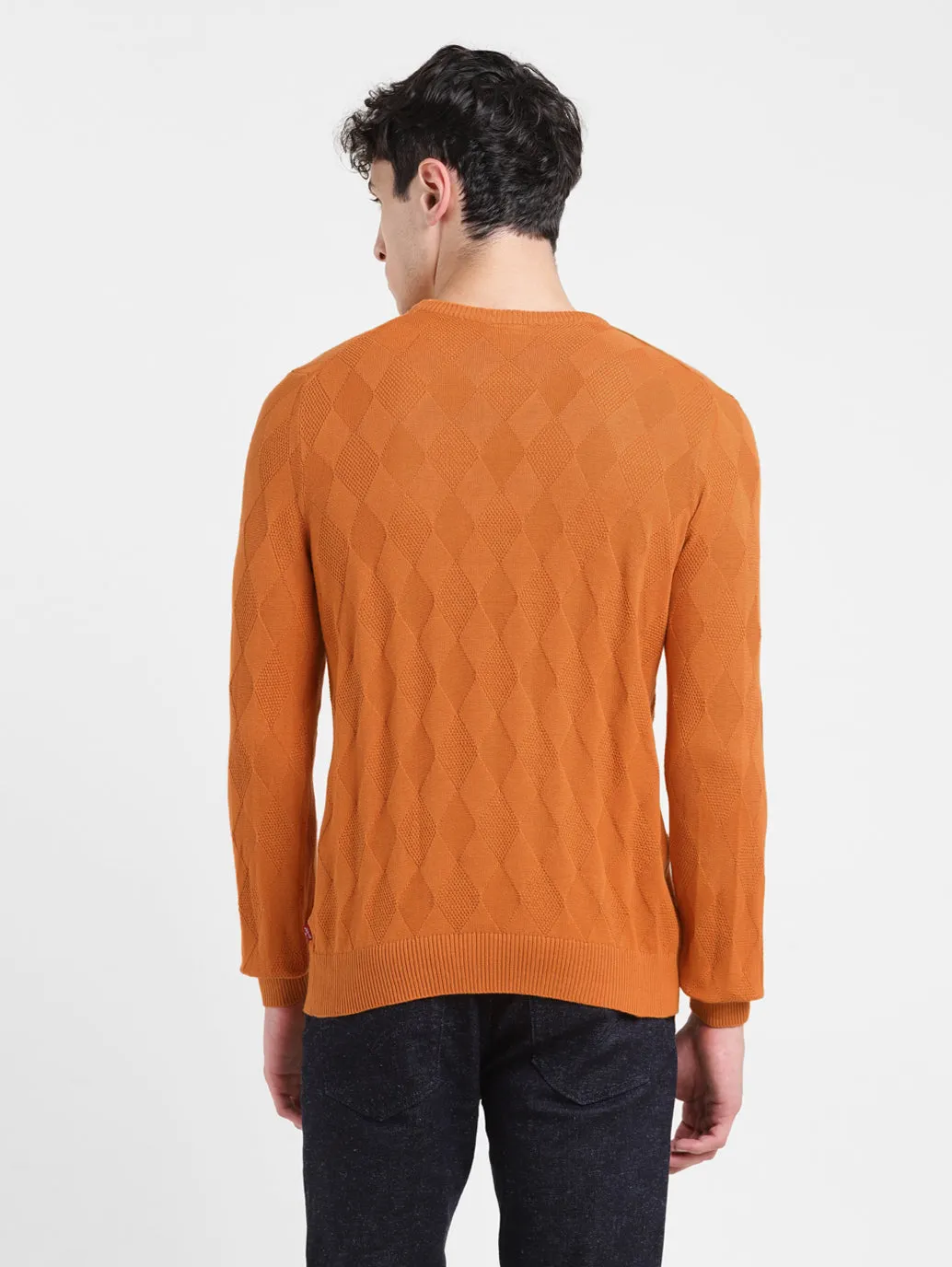 Men's Self Design Orange Crew Neck Sweater