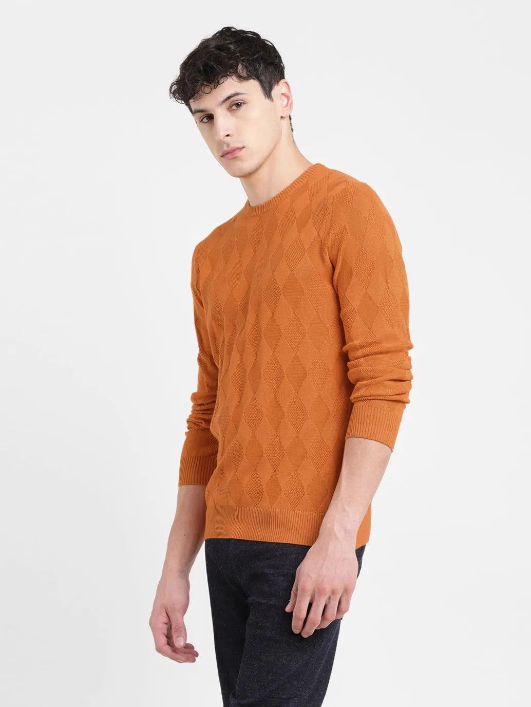 Men's Self Design Orange Crew Neck Sweater