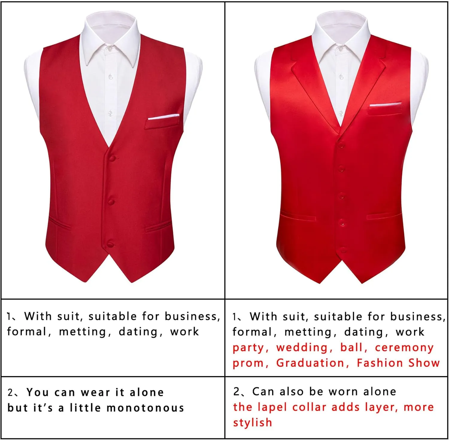 Mens Vest Lapel Collar Solid Color Suit Waistcoat Slim Fit Formal Wedding Tuxdeo Party