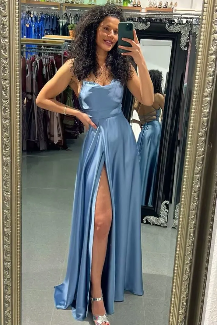 Miao Duo Womens High Split Satin Long Prom Dresses 2025 Adjustable Spaghetti Straps Formal Party Gowns with Pockets MDPM154