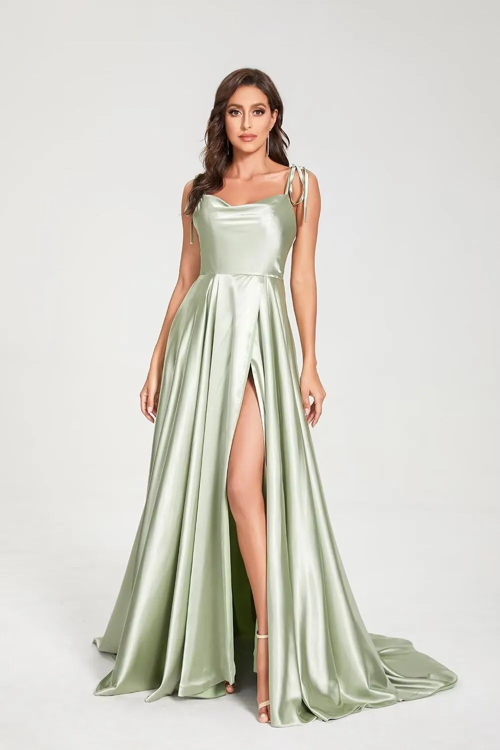 Miao Duo Womens High Split Satin Long Prom Dresses 2025 Adjustable Spaghetti Straps Formal Party Gowns with Pockets MDPM154