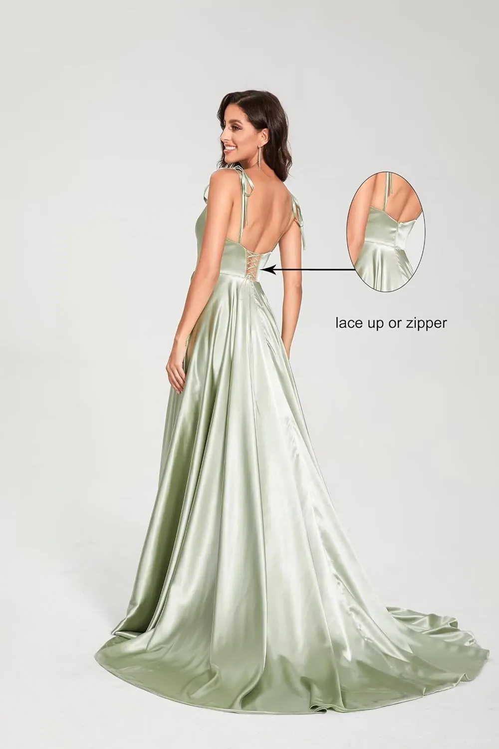 Miao Duo Womens High Split Satin Long Prom Dresses 2025 Adjustable Spaghetti Straps Formal Party Gowns with Pockets MDPM154