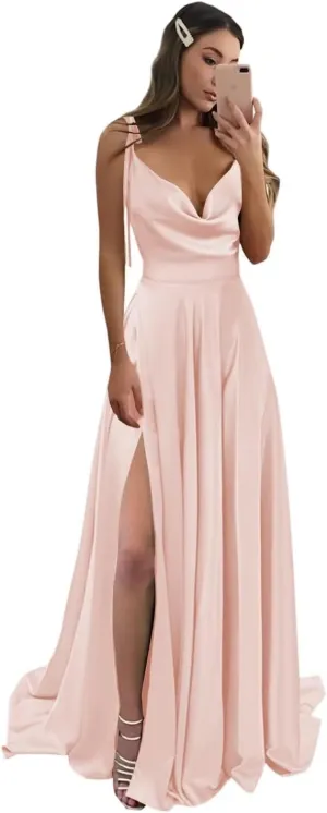 Miao Duo Womens High Split Satin Long Prom Dresses 2025 Adjustable Spaghetti Straps Formal Party Gowns with Pockets MDPM154