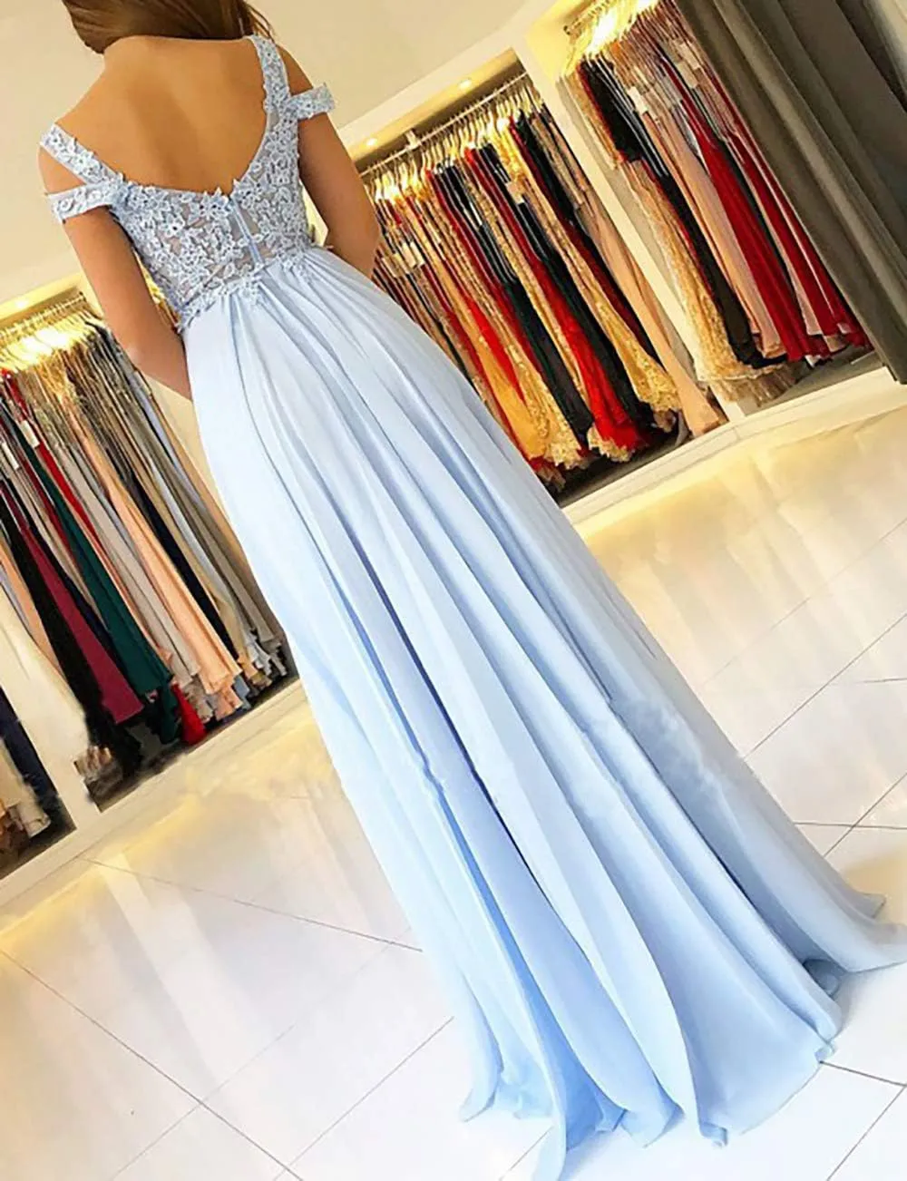 Miao Duo Women's Lace Appliques Prom Dresses Long with Slit Cold Shoulder Formal Party Gown MDPM66