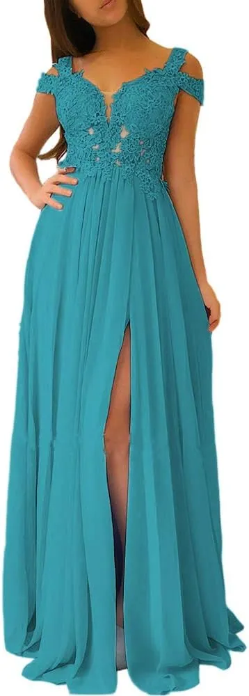 Miao Duo Women's Lace Appliques Prom Dresses Long with Slit Cold Shoulder Formal Party Gown MDPM66