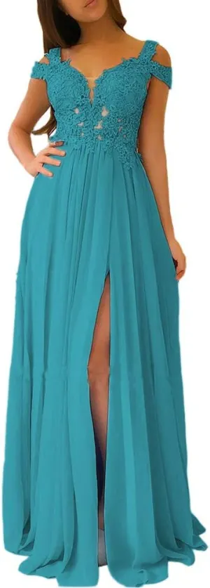Miao Duo Women's Lace Appliques Prom Dresses Long with Slit Cold Shoulder Formal Party Gown MDPM66