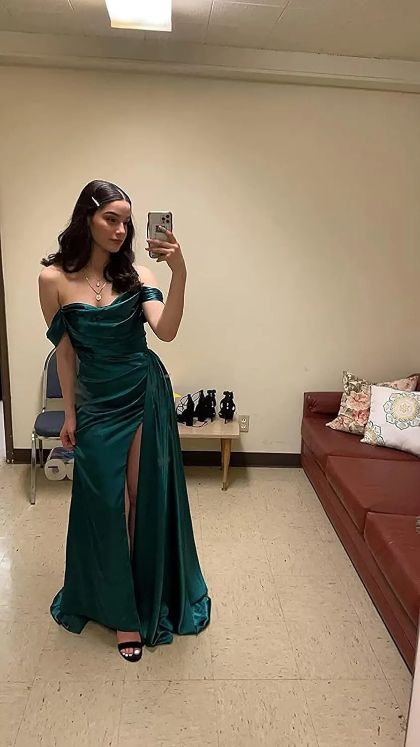 Miao Duo Women's Off Shoulder Mermaid Prom Dresses Long with Slit Pleates Wrap Satin Formal Evening Gowns MDPM104