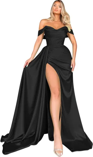 Miao Duo Women's Off Shoulder Mermaid Prom Dresses Long with Slit Pleates Wrap Satin Formal Evening Gowns MDPM104