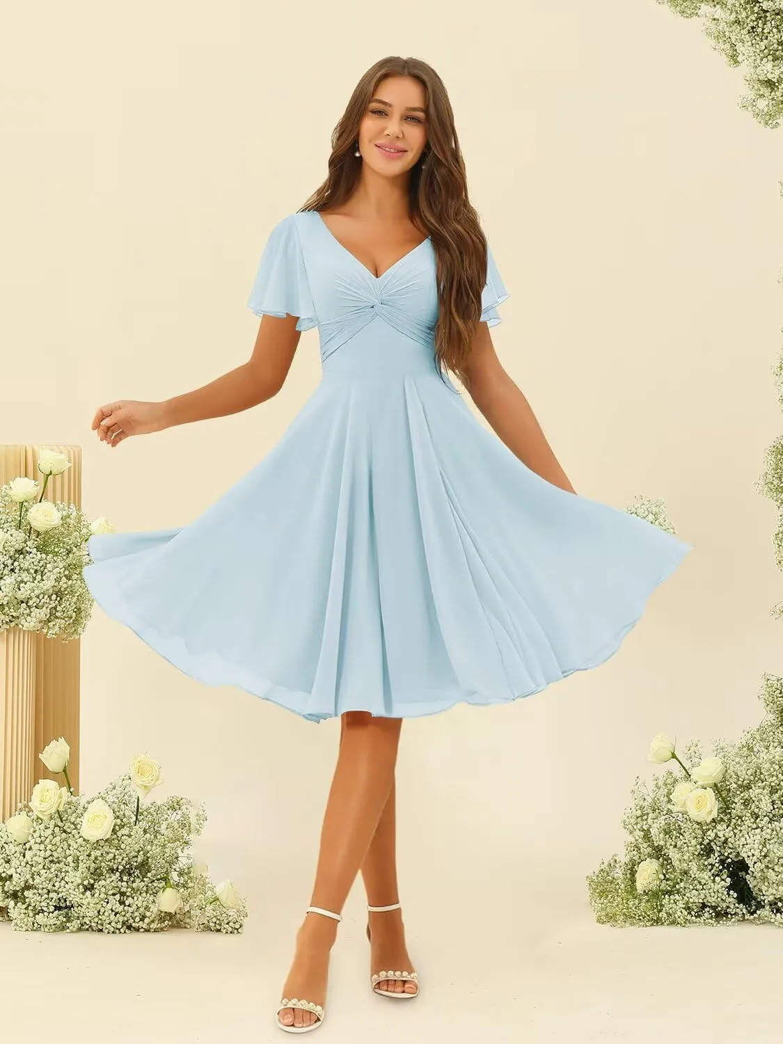 Miao Duo Women's Pleated Chiffon Flutter Sleeves Bridesmaid Dresses with Pockets V Neck Short Formal Dress YZTS241