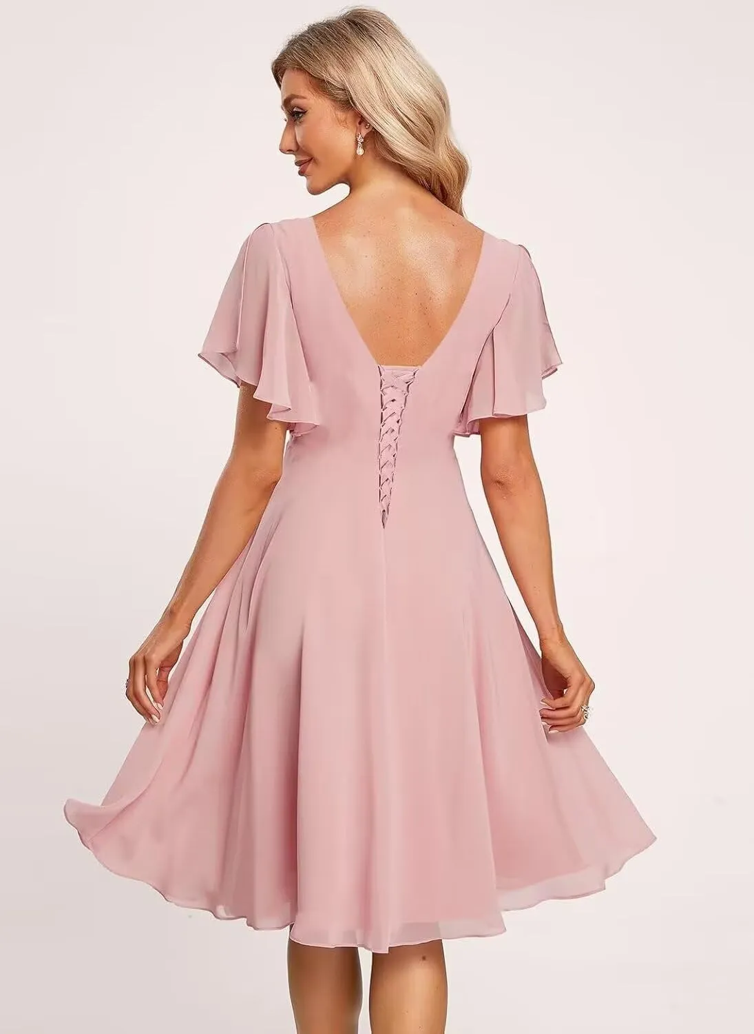 Miao Duo Women's Pleated Chiffon Flutter Sleeves Bridesmaid Dresses with Pockets V Neck Short Formal Dress YZTS241