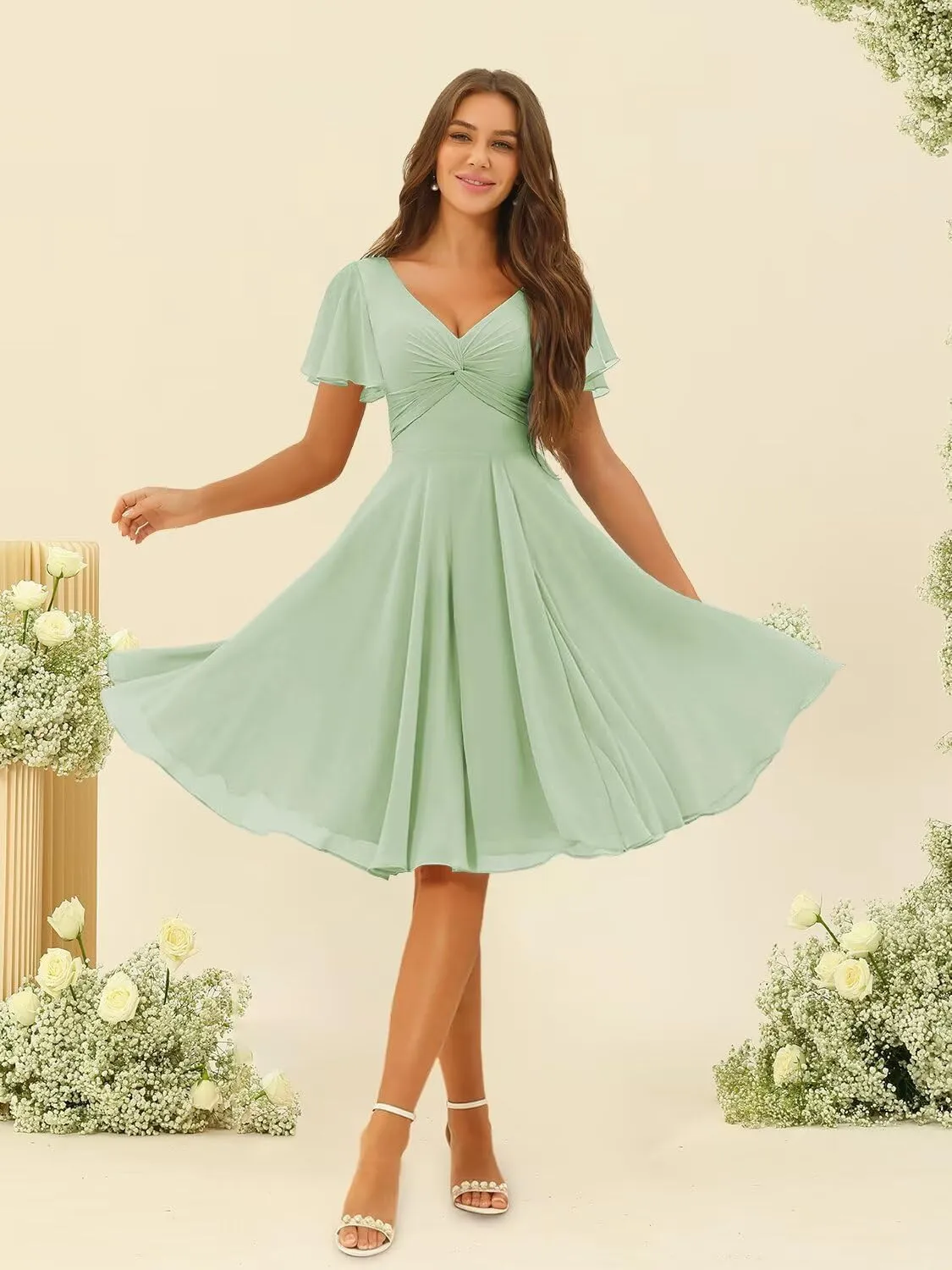 Miao Duo Women's Pleated Chiffon Flutter Sleeves Bridesmaid Dresses with Pockets V Neck Short Formal Dress YZTS241