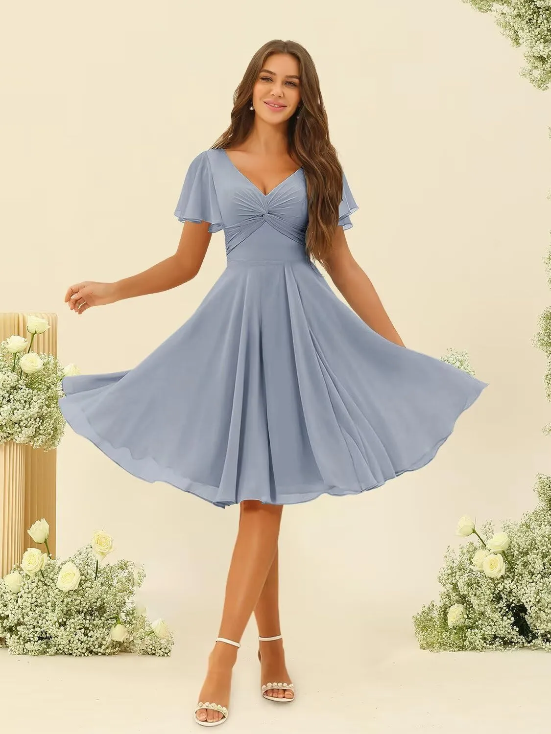 Miao Duo Women's Pleated Chiffon Flutter Sleeves Bridesmaid Dresses with Pockets V Neck Short Formal Dress YZTS241