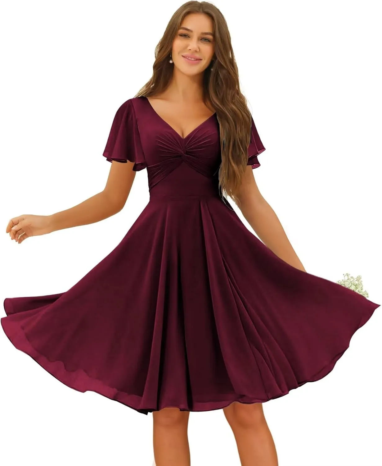 Miao Duo Women's Pleated Chiffon Flutter Sleeves Bridesmaid Dresses with Pockets V Neck Short Formal Dress YZTS241
