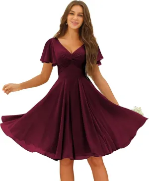 Miao Duo Women's Pleated Chiffon Flutter Sleeves Bridesmaid Dresses with Pockets V Neck Short Formal Dress YZTS241