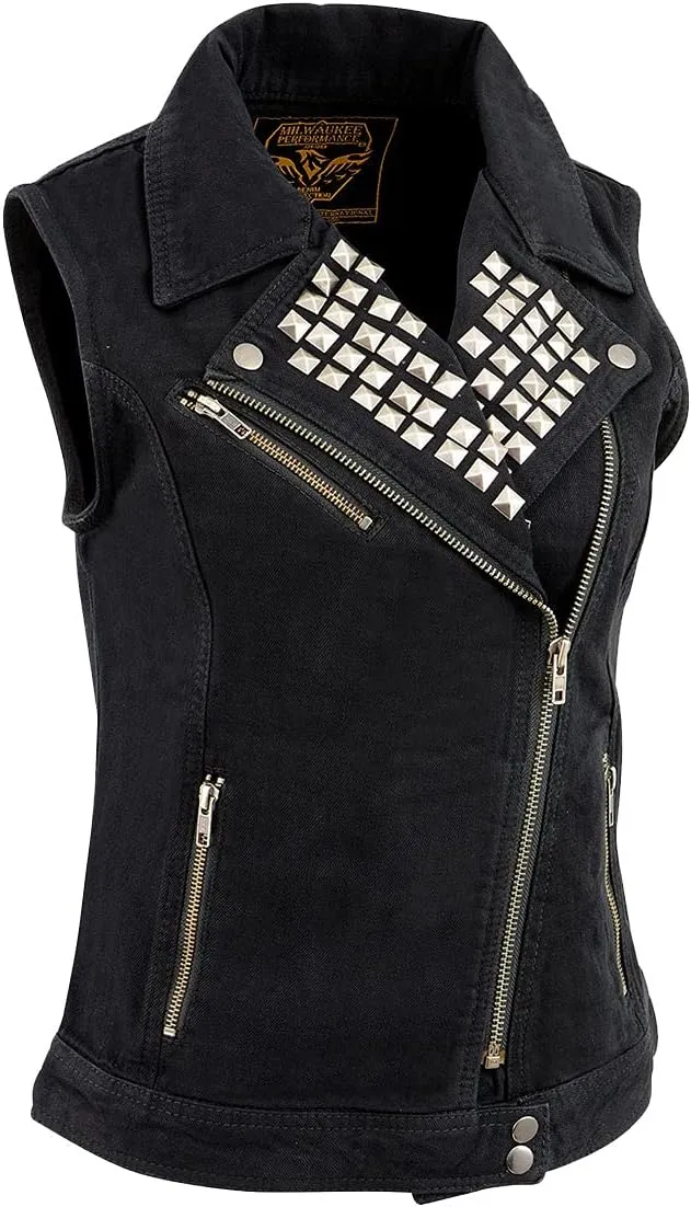 Milwaukee Leather MDL4030 Women's Black Denim Zipper Front Motorcycle Vest with Studded Spikes