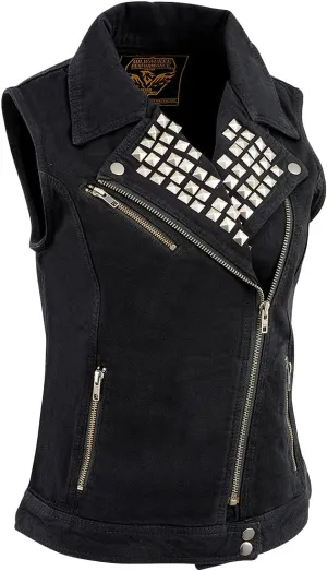 Milwaukee Leather MDL4030 Women's Black Denim Zipper Front Motorcycle Vest with Studded Spikes