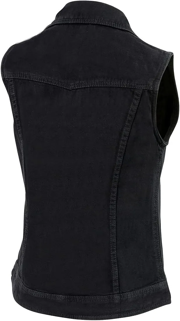 Milwaukee Leather MDL4030 Women's Black Denim Zipper Front Motorcycle Vest with Studded Spikes