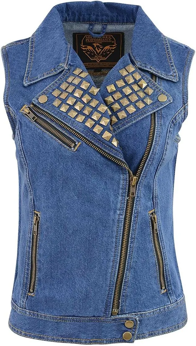 Milwaukee Leather MDL4030 Women's Black Denim Zipper Front Motorcycle Vest with Studded Spikes