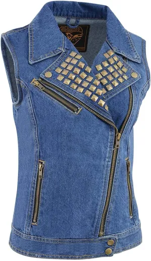 Milwaukee Leather MDL4030 Women's Black Denim Zipper Front Motorcycle Vest with Studded Spikes