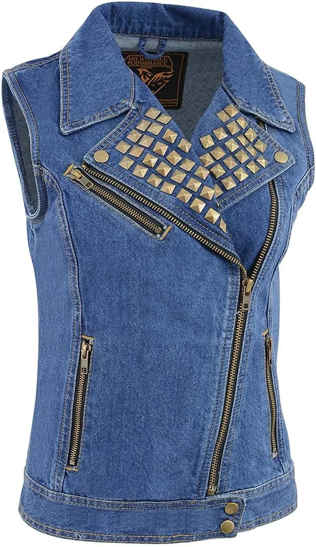 Milwaukee Leather MDL4030 Women's Black Denim Zipper Front Motorcycle Vest with Studded Spikes