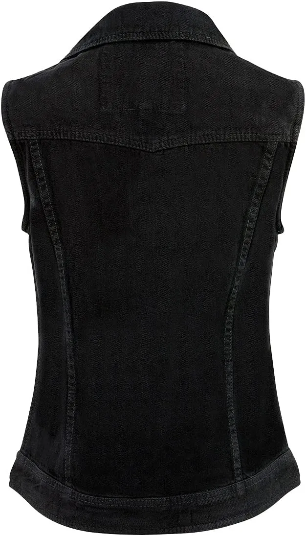Milwaukee Leather MDL4030 Women's Black Denim Zipper Front Motorcycle Vest with Studded Spikes